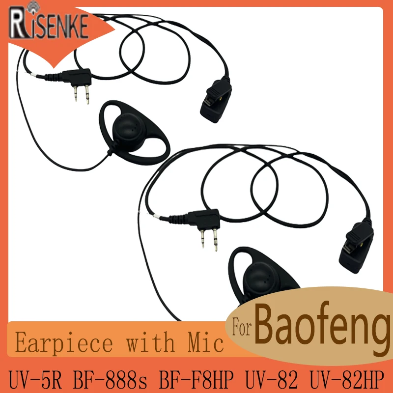 RISENKE-D Shape Walkie Talkie Earpiece with Mic for Baofeng, UV-5R, BF-888s, BF-F8HP, UV-82, UV-82HP, Motorola Retevis, 2 Pcs