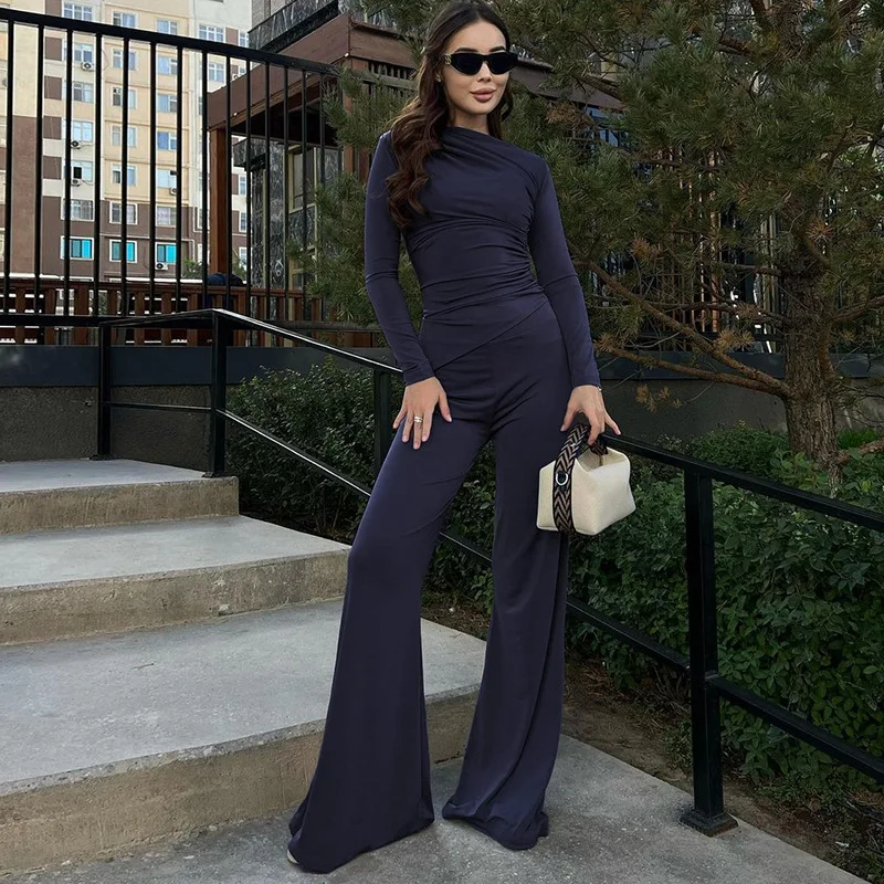 Fashion Autumn 2 Piece-Set Female Flared Pants Streetwear Slim Pleated Long Sleeve Casual Outfits Women's Pants Sets