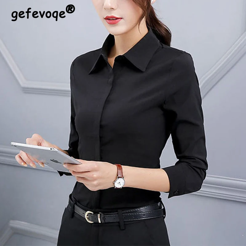 

Spring Autumn Office Lady Solid Color Bottoming Shirt Femme Polo-neck Buttons All-match Blouse Female Long Sleeve Tops Women