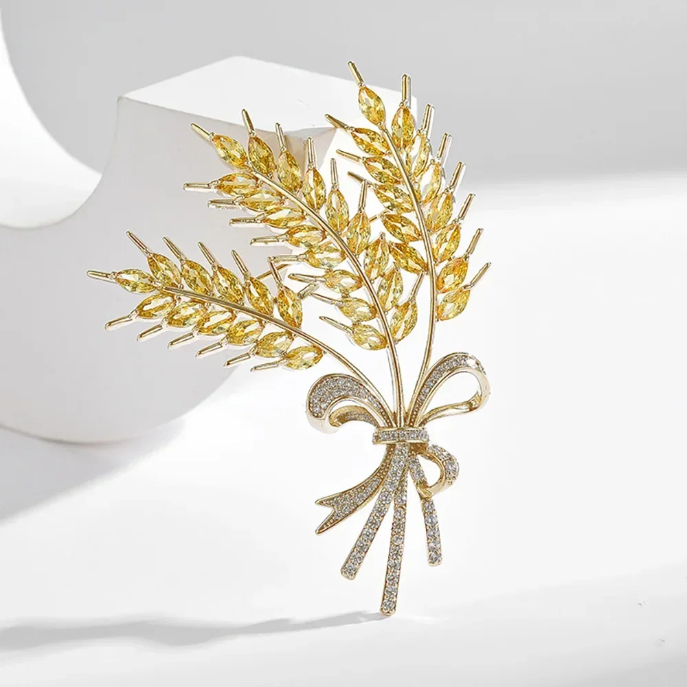 Gorgeous Barley Leaf Shiny Yellow CZ Dubai Gold Color Brooches for Women Banquet Pins Clothing Jewelry Accessories