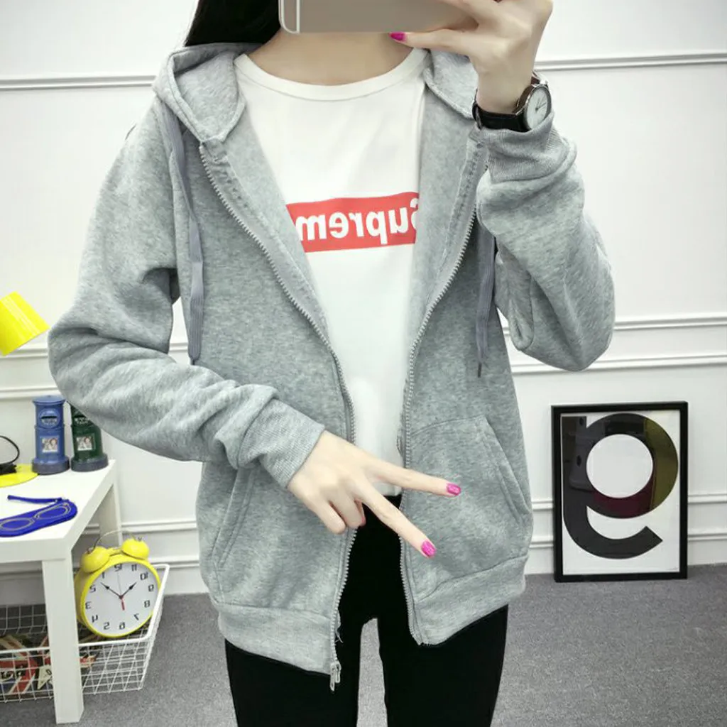 

Oversize Korean Hoodies Womens Hooded Pullover Solid Color Zipper Coat Pure Color Loose Jacket Zip Up Harajuku Sweatshirts