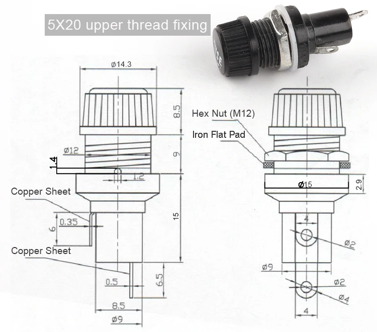 5/10 Stück 5×20mm 6×30mm 250V AC Sicherungshalter Gewinde/Kreuz Schwarz Bakelit Versicherungsrohr Buchse Panel Mount Sicherung Buchse Kupfer – Detail 9