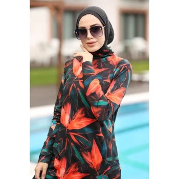 Women Muslim Swimwear Maple Leaf Printing Lslamic Clothes Hijab 3 Pcs Long Sleeves Sport Swimsuit