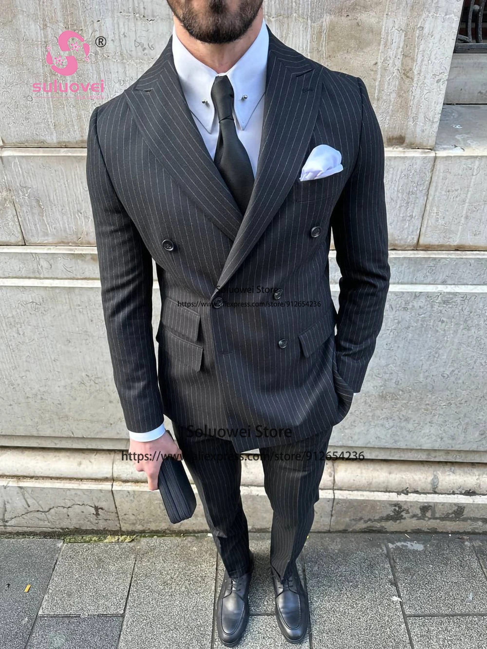 Fashion Peaked Lapel Striped Suits For Men Slim Fit 2 Piece Pants Set Prom Groom Wedding Double Breasted Tuxedo Blazer Masculino