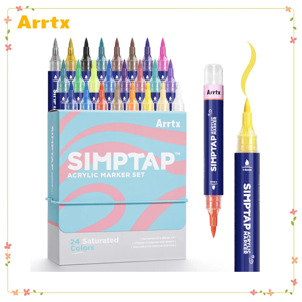 Arrtx 24 Colors Acrylic marker Simptap rear valve Paint Pens Acrylic Paint Markers for Rock Painting DIY Craft Wood Glass