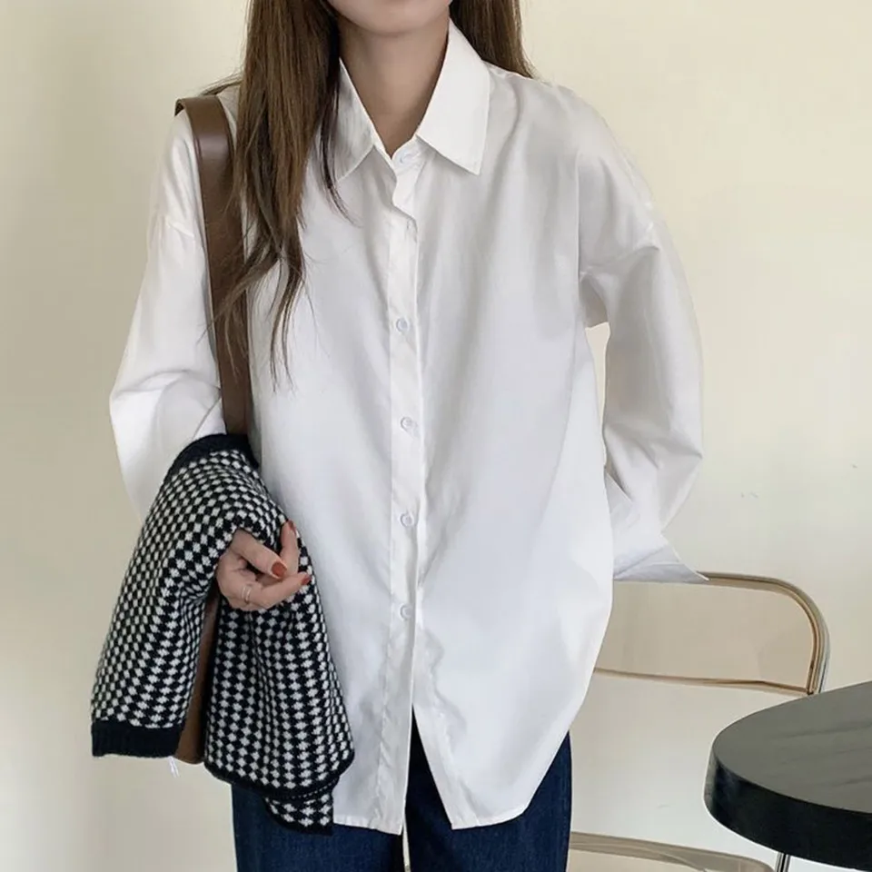 Women's Casual Long Sleeve White Blouse Shirt