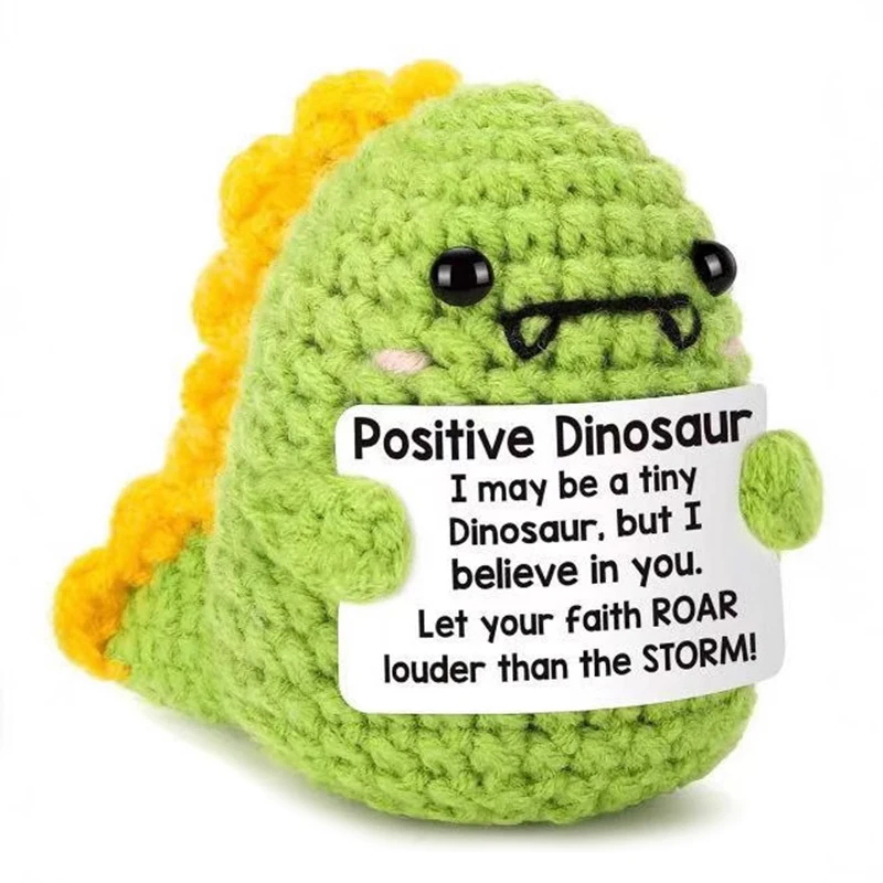 Cute Positive Energy Crochet Dinosaur Wool Knitting Doll with Card Handmade Knitted Ornament Room Decor Birthday Christmas Gifts