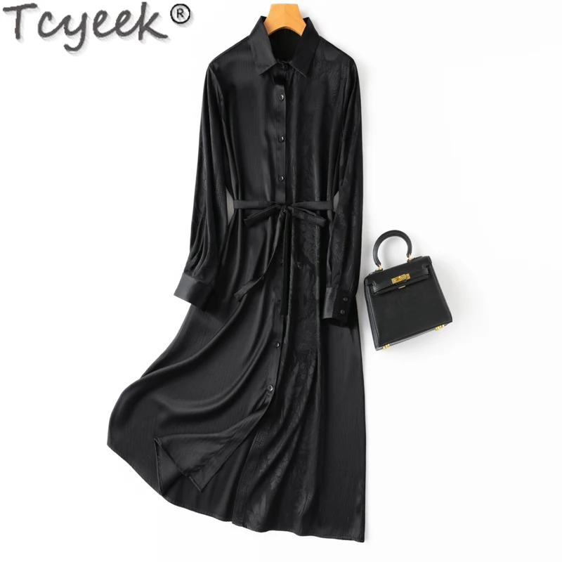 

Tcyeek 21MM 93% Mulberry Silk Elegant Dresses for Women Clothing 2024 Long Sleeve Womens Dresses Spring Summer Midi Dress Black