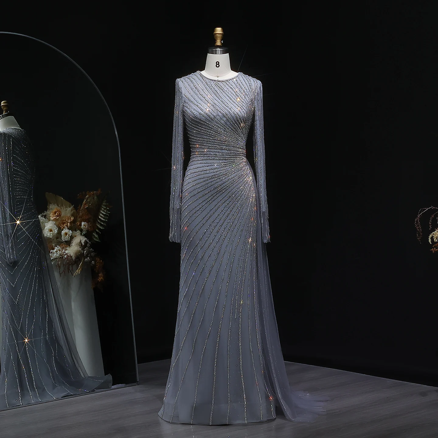 Sharon Said Luxury Gray Blue Mermaid Evening Dress Long