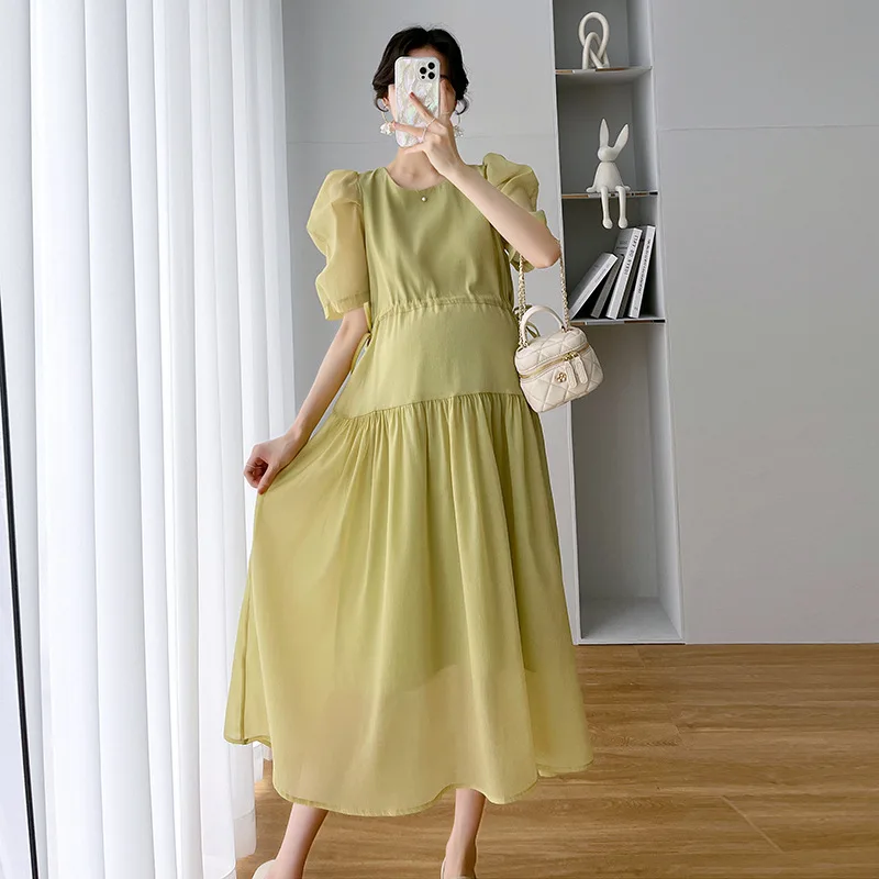 

Temperament Fashion Gentle Solid 2022 New Summer Maternity Dress Mid-length Waist Drawstring Loose Dress Women Pregnant Dresses