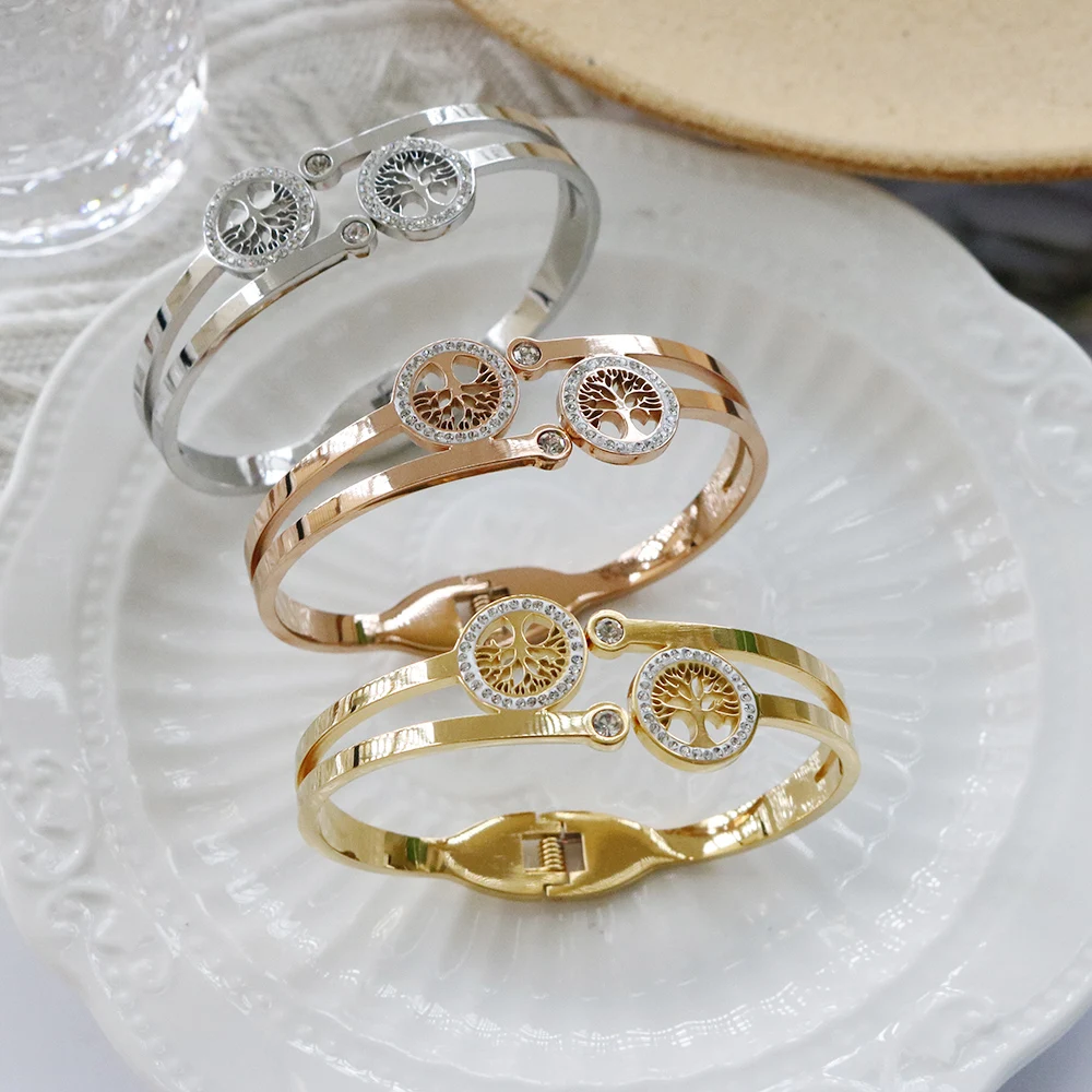 Trend Life Tree Charm Bracelets for Women Stainless Steel Hollow Crystal Bangles Luxury Gift Cubic Zirconia Tree Jewelry