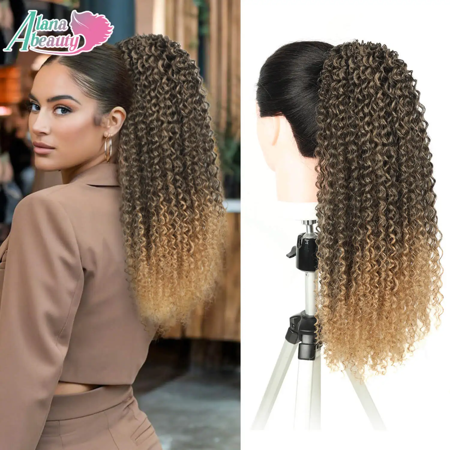 Alana 24inch Long Kinky Curly Synthetic Drawstring Ponytail Natural Hair Burgundy Clip-in Fake Weave Ponytail Extensions