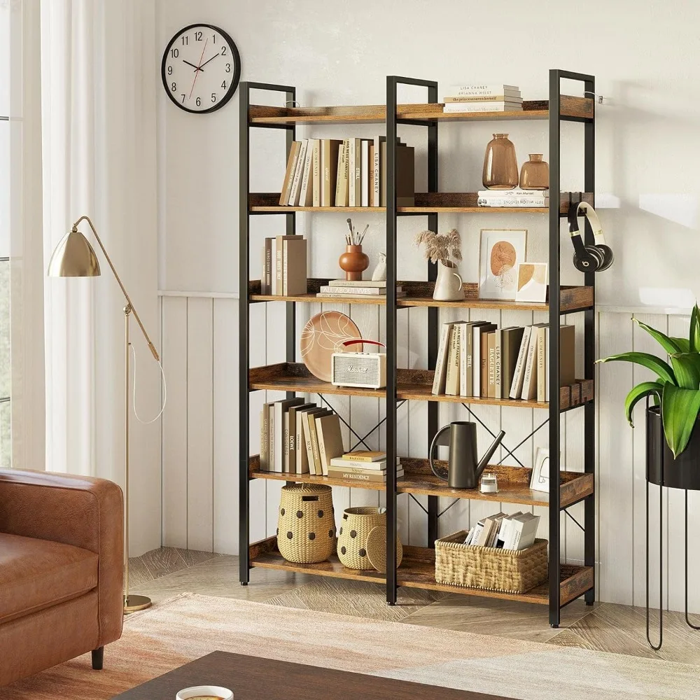 

Book Shelves Rustic Brown Bookshelf Vintage Storage Rack With Open Shelves Bookshelf 6 Tier With 4 Hooks Bookcase Librero Shelf