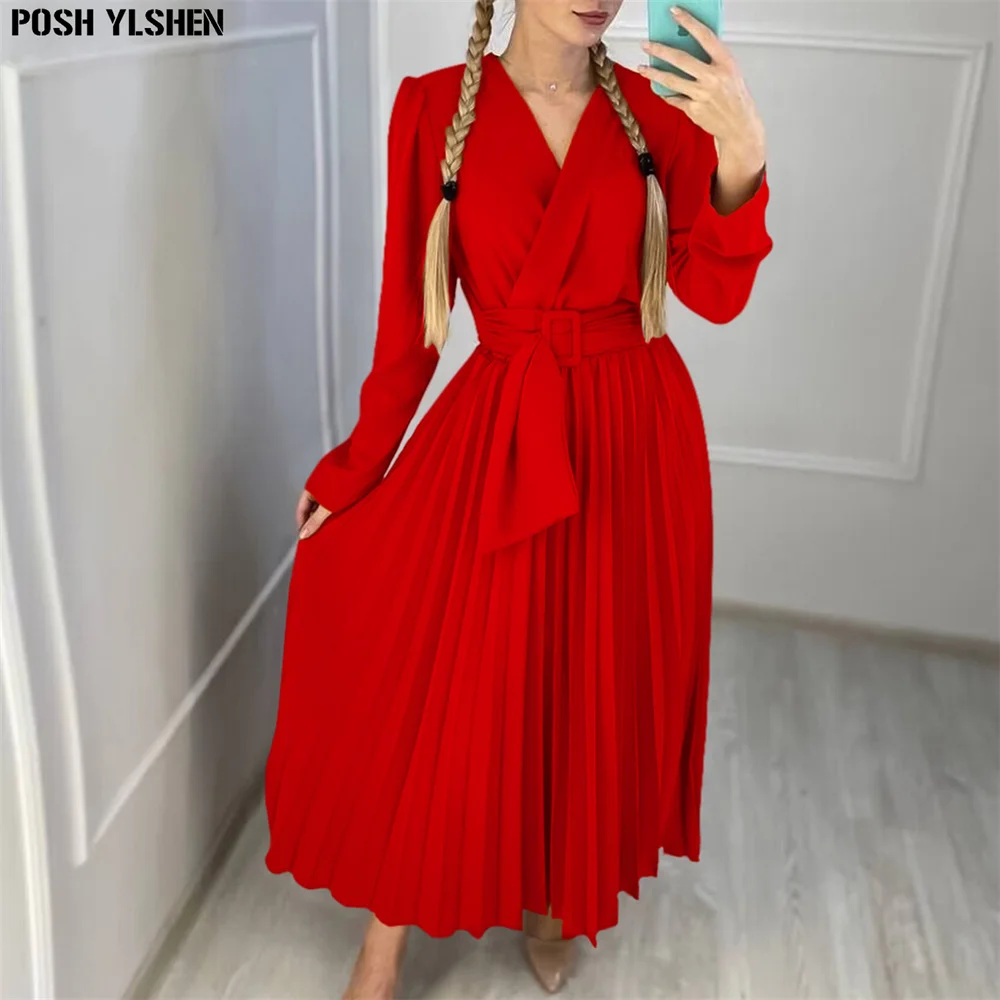 

African Women's Dresses 2023 Autumn Winter Clothing Temperament V-neck Lace Up Solid Color High Waist Long Sleeve Pleated Dress