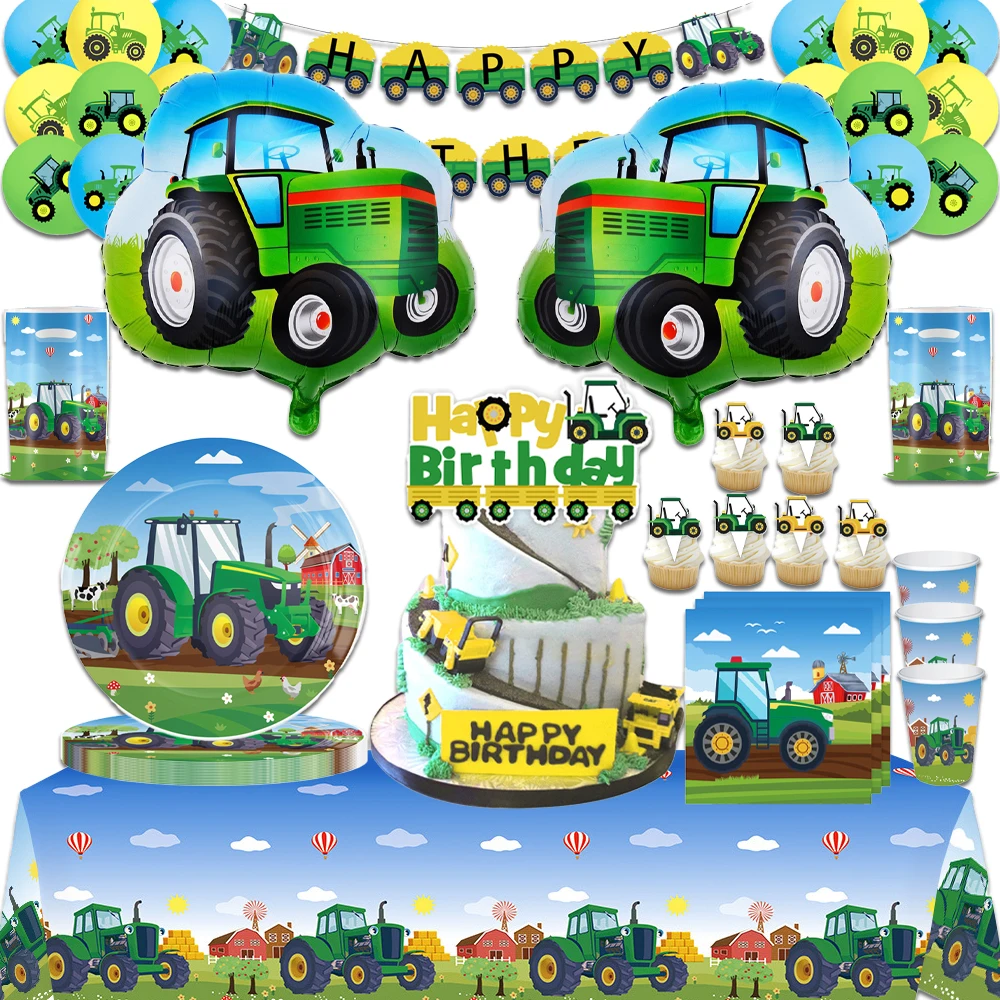 Green Farm Tractor Birthday Party Tableware Set with Banner, Balloons, Cups, Plates, and Napkins