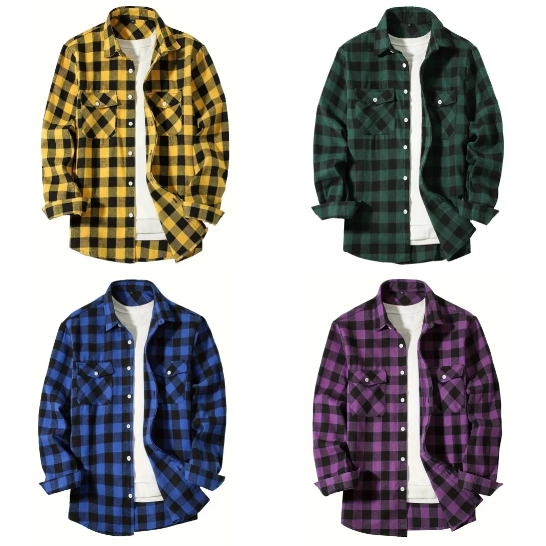 

2024 New men Jacket Tops button regular casual plaid shirt long sleeve chest double pocket design fashion button stitching shirt