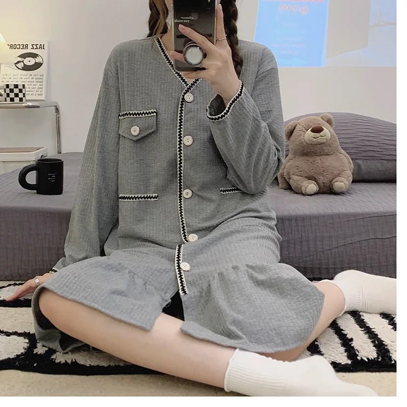 Foply Women Nightgowns 100% Cotton Nightdress Cute Sleepdress Solid Nightwear Long Sleeve Sleepwear Loose Soft V-Neck Homewear