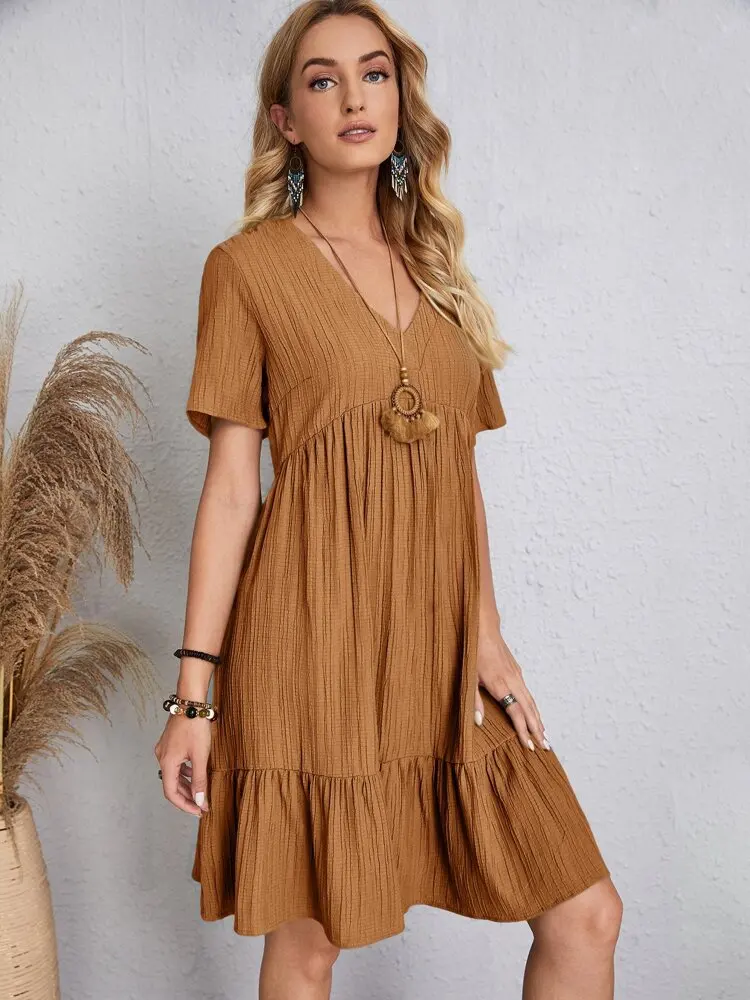 Elegant V Neck Ruffle Mini Dress - Womens Casual Summer Sundress