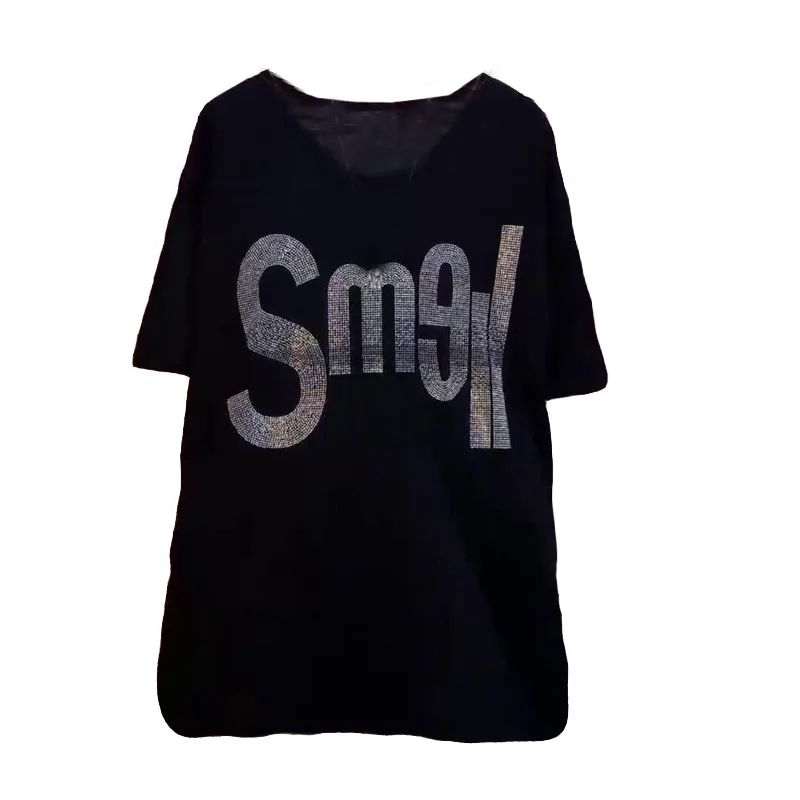 

Oversized T Women Fat Wear Summer Y2k Clothes New Rhinestone Big O Neck Smeil Harajuku Short Sleeve Tees Top Female Loose Cotton