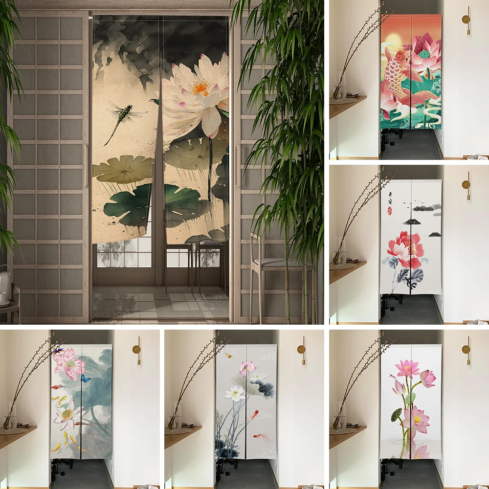 

Lotus Carp Japanese Noren Curtain Chinese Traditional Ink Painting Kitchen Room Entrance Hanging Half Curtain Linen Door Curtain