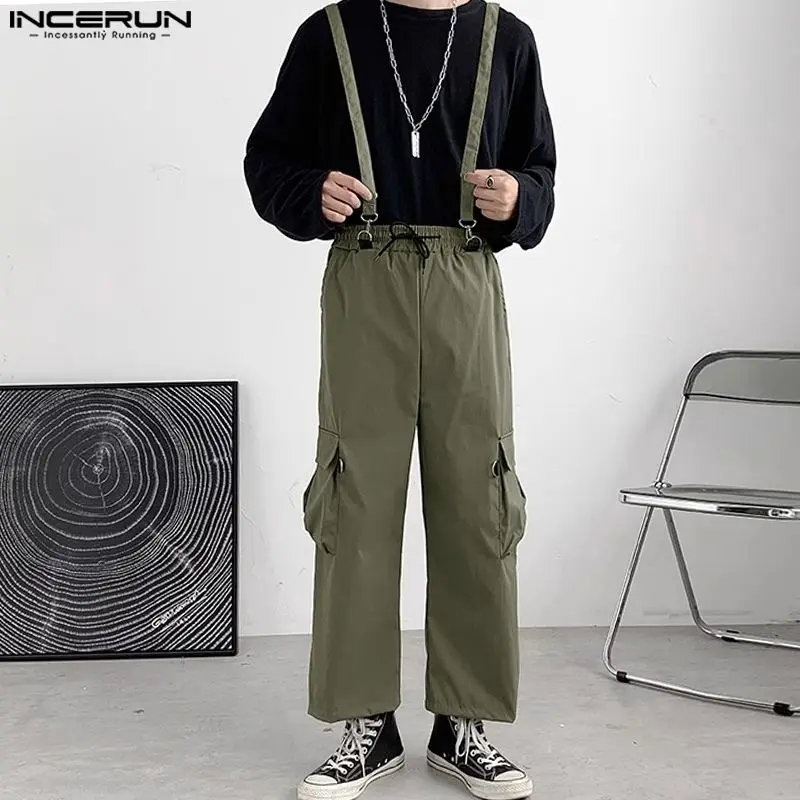 

2023 Men's Cargo Pants Jumpsuits Solid Loose Straps Rompers Streetwear Drawstring Pockets Fashion Casual Overalls S-5XL INCERUN