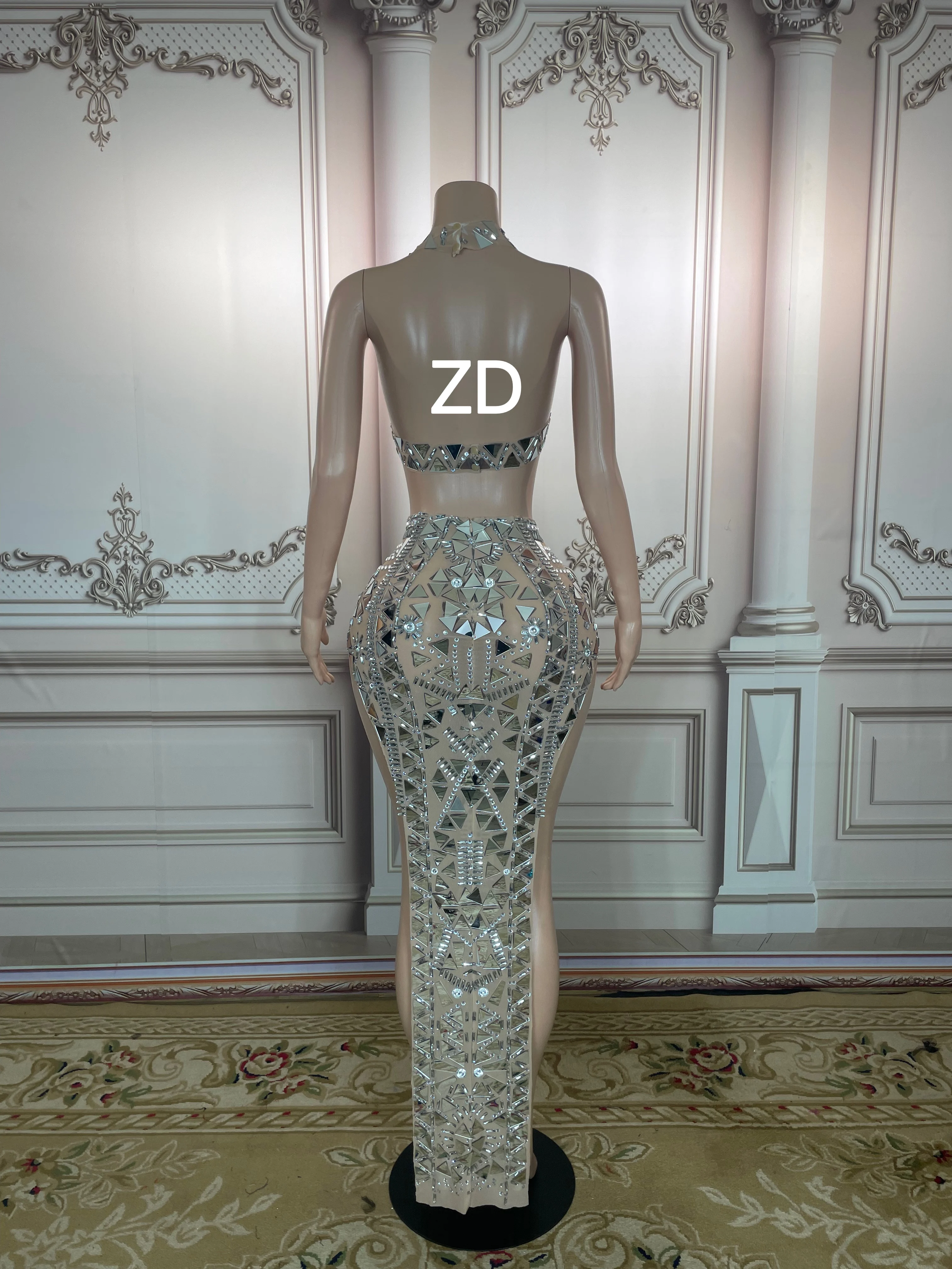 Sparkly Silver Mirror Rhinestone Hollow Long Dress Evening Birthday  Celebrate Wedding Costume Women Dancer Latin Dress plus size