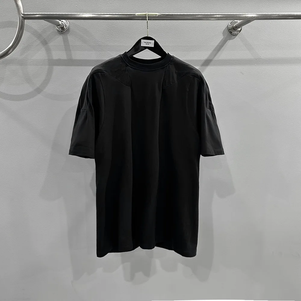 

Y2k Streetwear Rick Men Round Neck Short Sleeves Women Clothing Patchwork Design Ro Owens Black and Gray Short Sleeves