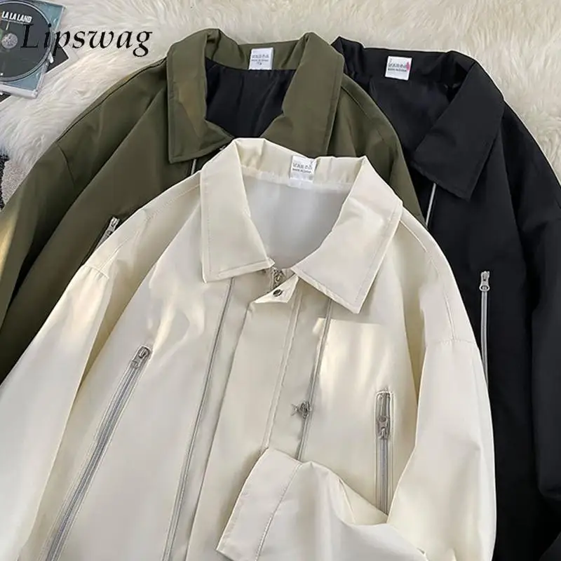 

Streetwear New Fashion Jacket Coats For Men Autumn Casual Solid Color Loose Outerwear Mens Clothes Vintage Lapel Zipper Jackets