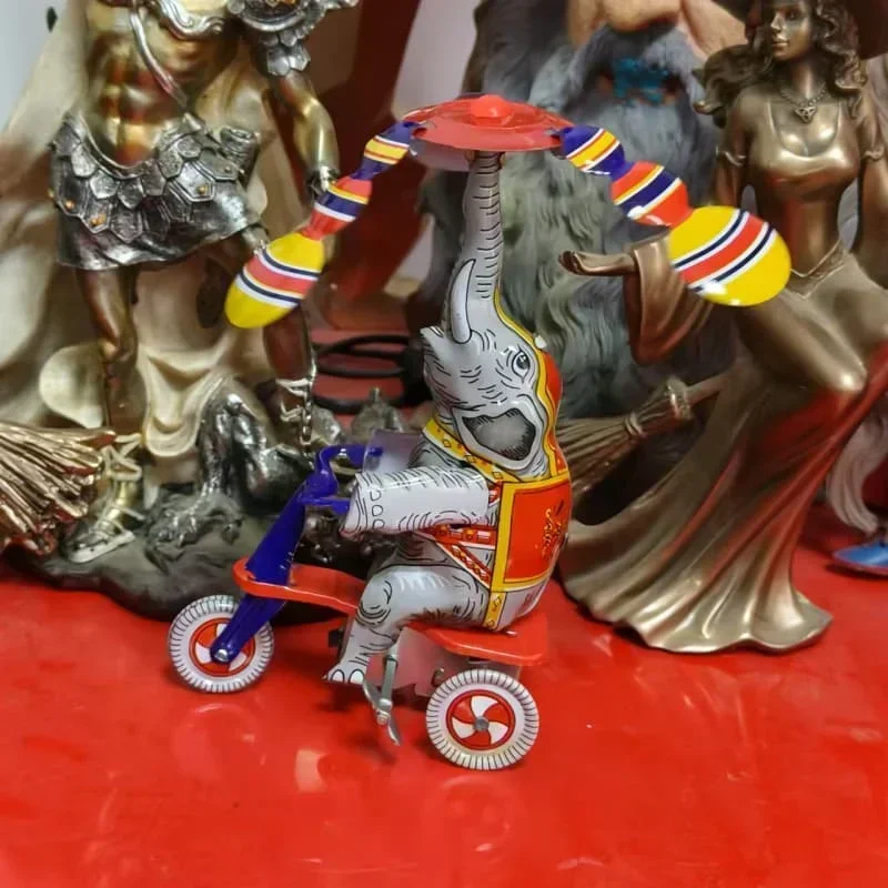 Adult Collection Retro Wind up toy Metal Tin circus acrobatics elephant on tricycle Mechanical Clockwork toy figure gift