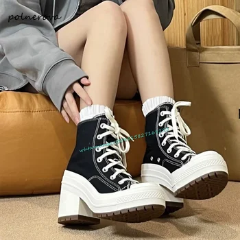 여성용 캔버스 레이스업 펌프스, 청키 힐, 라운드 토 펌프스, 두꺼운 밑창 파티 데일리 슈즈, 최신 레저 섹시, 2023 가을 패션