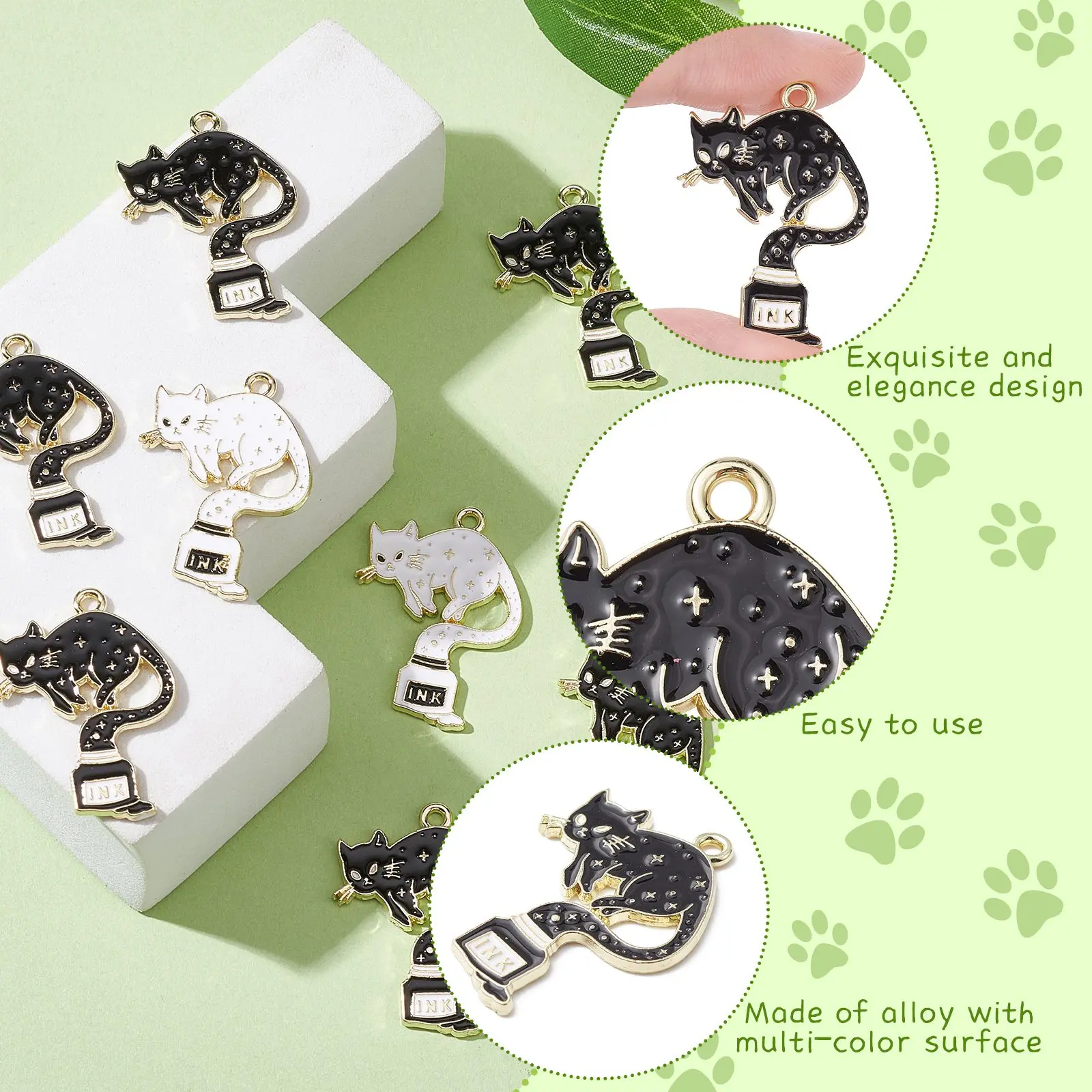 30Pcs 2 Colors Enamel Ink Cat Charms Black and White Cat Charms Lovely Pet Animal Pendants for Keychain Craft Jewelry Making