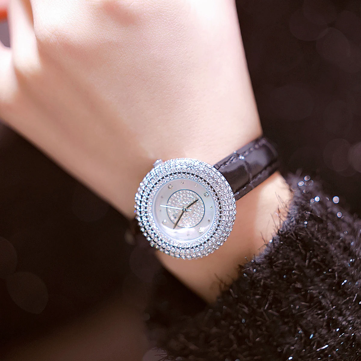 2023 New BS Women Watch Rose Gold Full Diamond Luxury Fashion Women's Dress Quartz Wristwatch Leather Strap Ladies Watches Gift