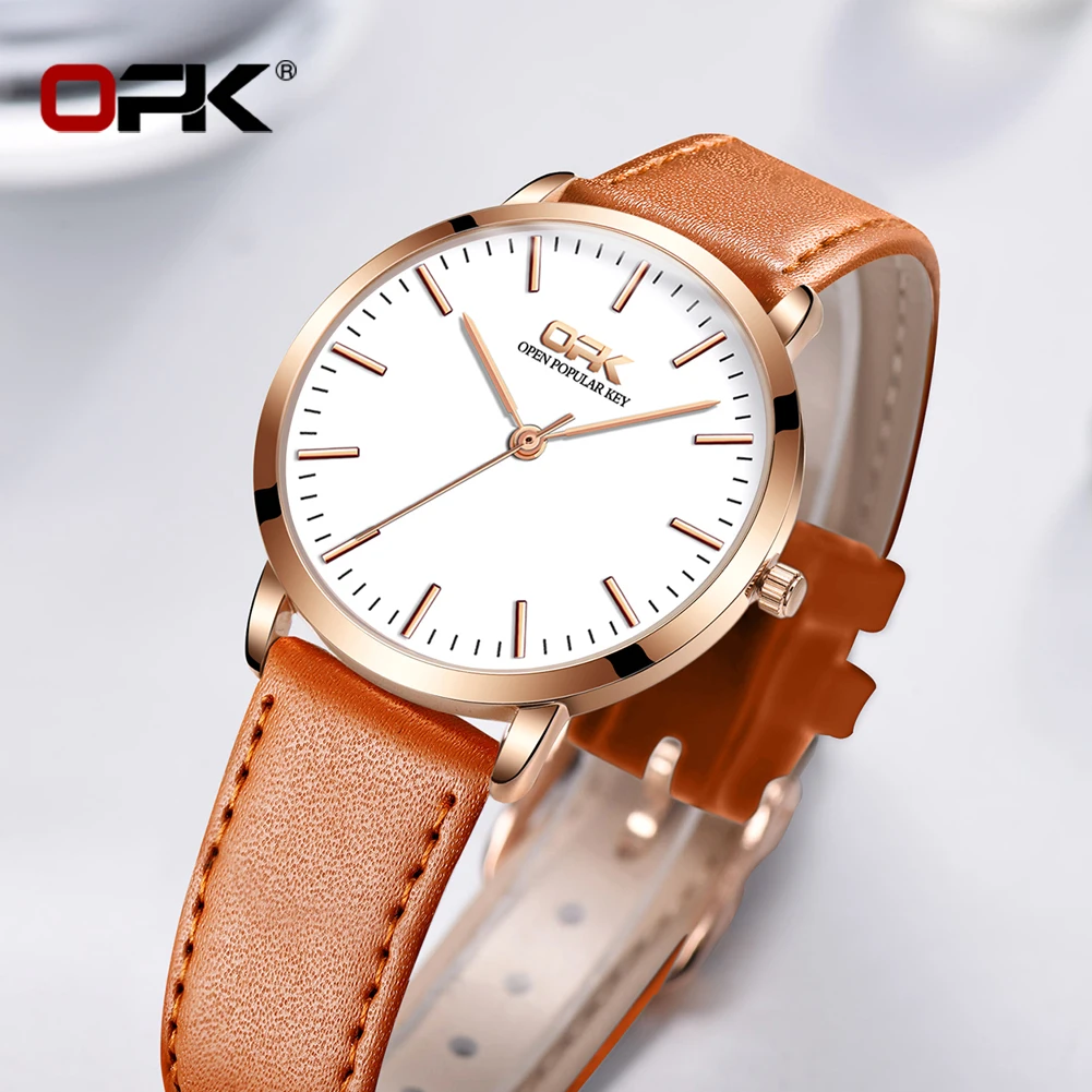 OPK 8101 Original Quartz Watch For Women Waterproof Leather Strap