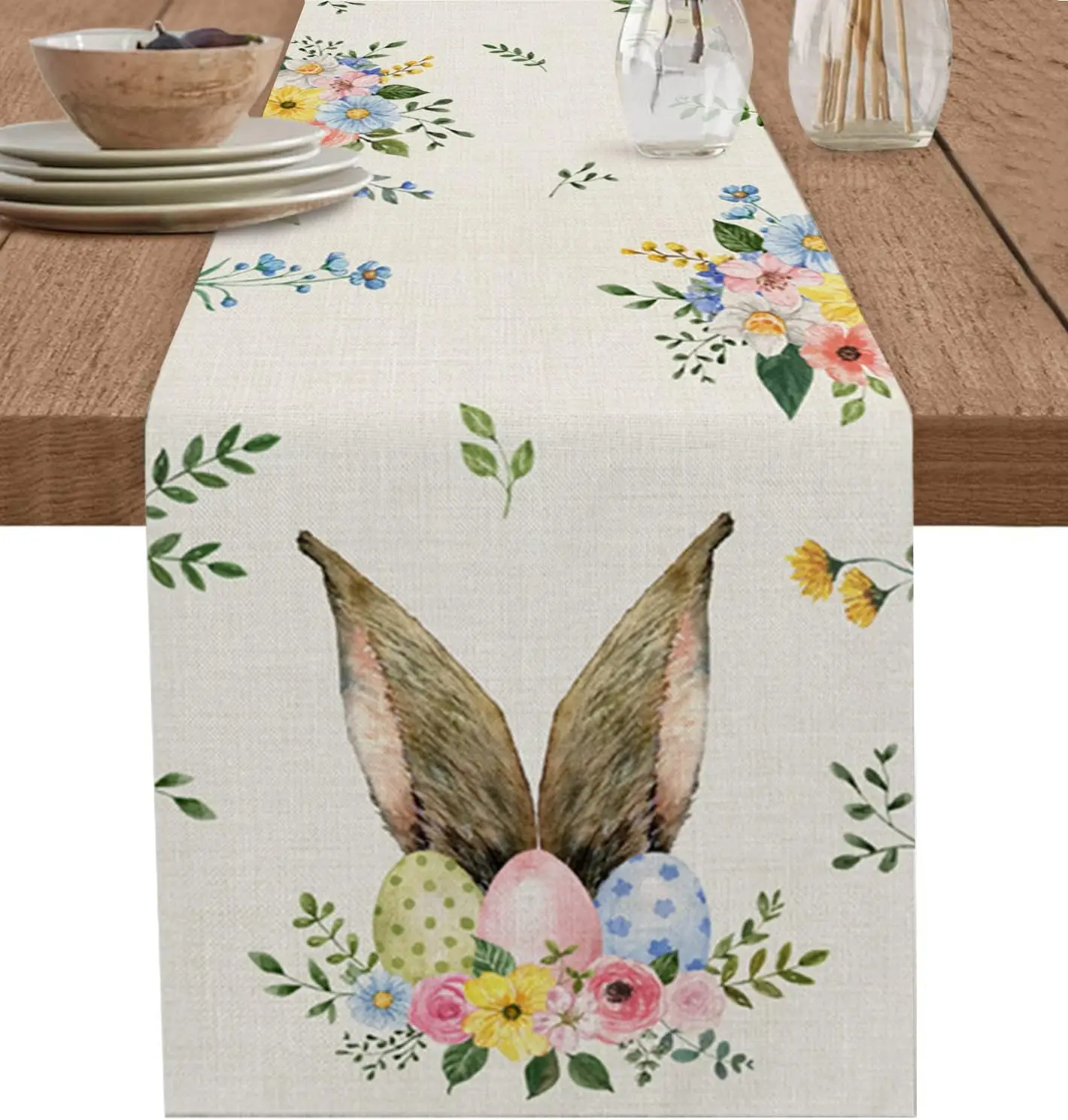 

Easter Rabbit Ears Eggs Linen Table Runners Wedding Decorations Spring Plant Leaves Kitchen Dining Table Runners Party Decor