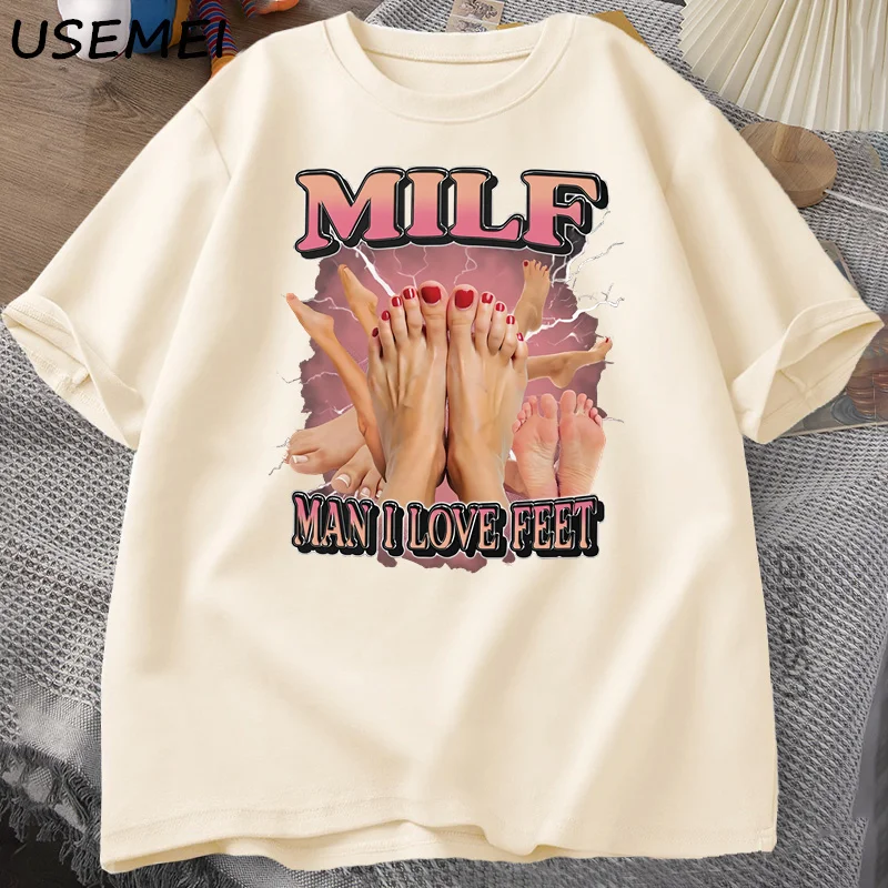 Men's Adult Humor Graphic T-Shirt - MILF Man I Love Feet - Funny Gag Tee, Round Neck, Short Sleeve, Casual Loose Streetwear