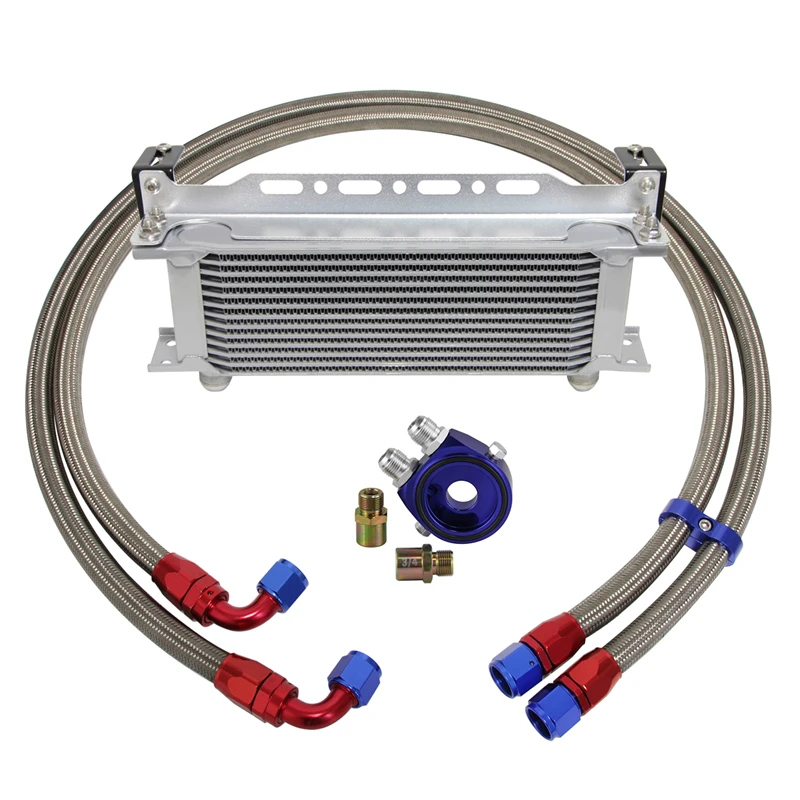 

13 Row 248mm AN10 Universal Engine Transmission Oil Cooler British Type + Aluminum Filter Hose End Kit Blue