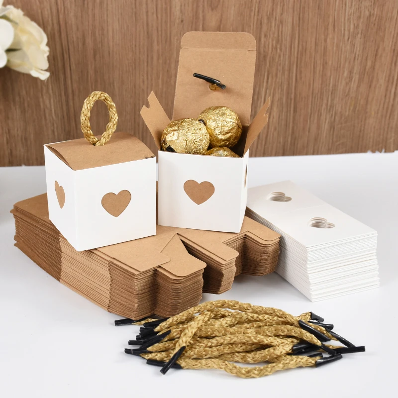 10/50pcs White Brown Heart Candy Gift Boxes Wedding Birthday Party Favors for Guests Baby Shower Chocolate Cookie Packaging Box