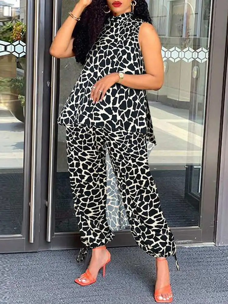 VONDA Women Sets 2024 Fashion Pants Suits Sexy Stand Up Collar Sleeveless Long Asymmetric Leopard Top Vests And Pants Sets 2pcs