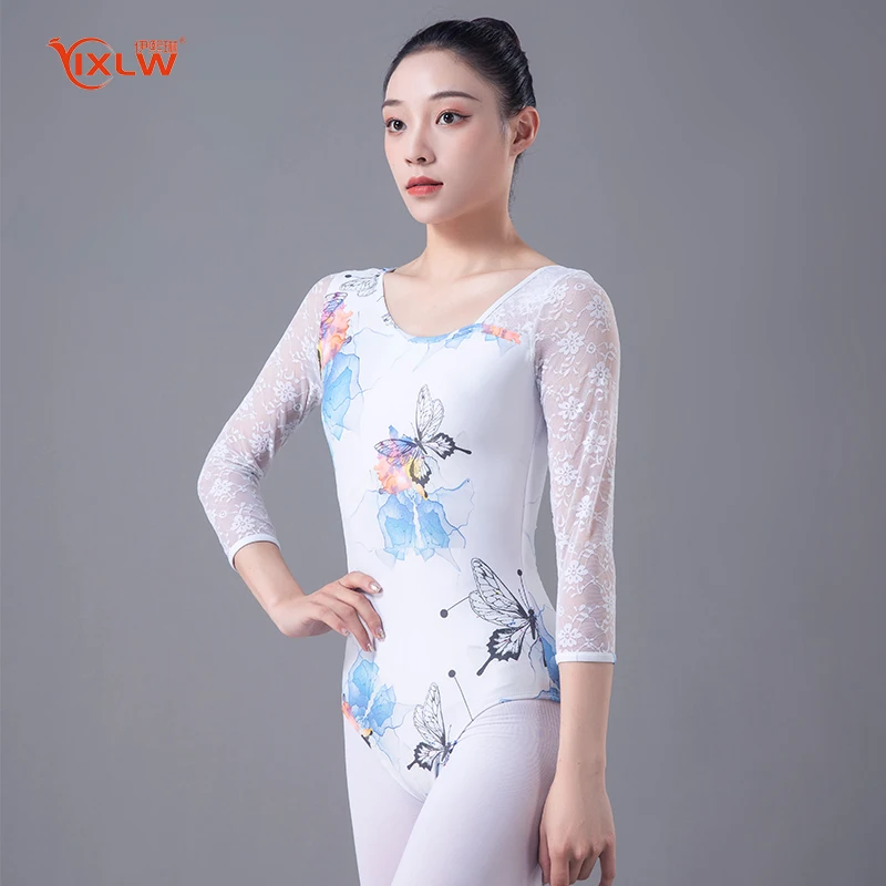 

Autumn New Printed Ballet Leotard with Long Lace Sleeve Performance Dancewears One-piece Bodysuit for Women Stage Costume W22469