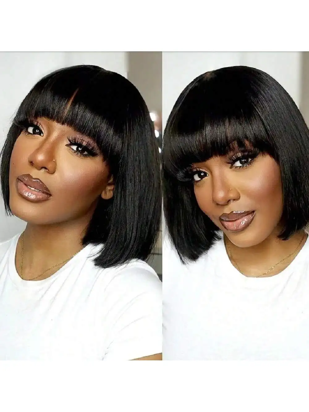 Short Bob Wig With Bangs 8-14 Inch Full Machine Made Bob Human Hair Wigs Silky Straight Brazilian