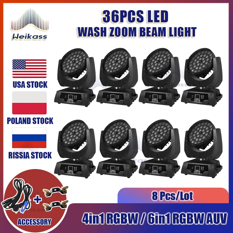 

0 Tax 8Pcs LED Wash Zoom Moving Head Light 36x12W RGBW 4In1 36x18w Rgbwauv 6in1 Touch Screen DMX512 DJ Disco Party Stage