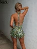 kliou Mesh Aesthetic Print Women Dress Sexy Ruffle Trim Halter Bandage Backless Skinny Mini Vestidos Female Fashion Vintage Robe 5