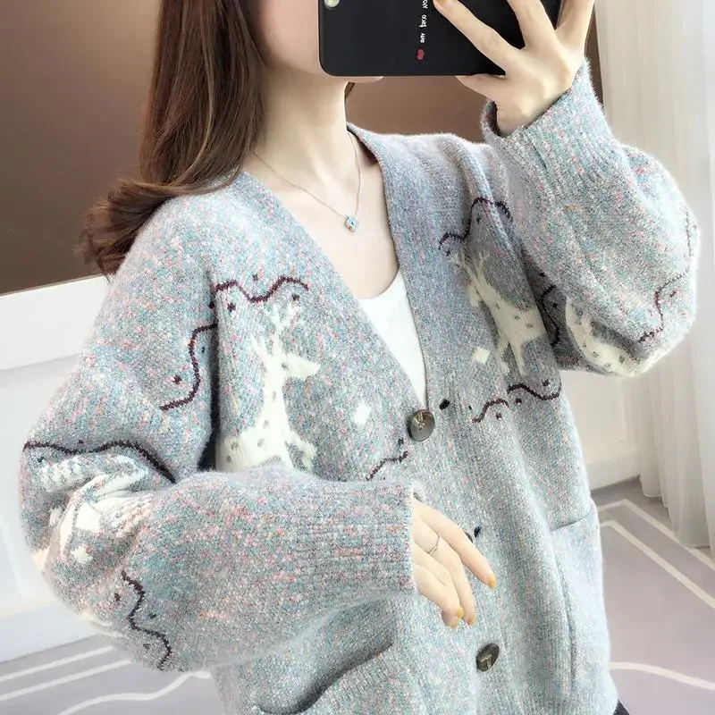 

Женский трикотажный свитер на пуговицах, серый трикотажный кардиган с V-образным вырезом, трикотажная блузка, трикотажная одежда для зимы, 2023