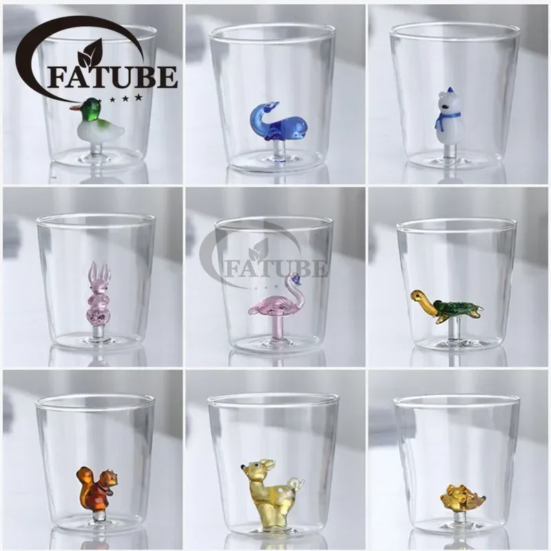 Festival Gift Creative Glass Cup 3D Cartoon Animal and Plant Shapes Cute Water Coffee Single Layer Fruit Juice Cold 4PCS FATUBE