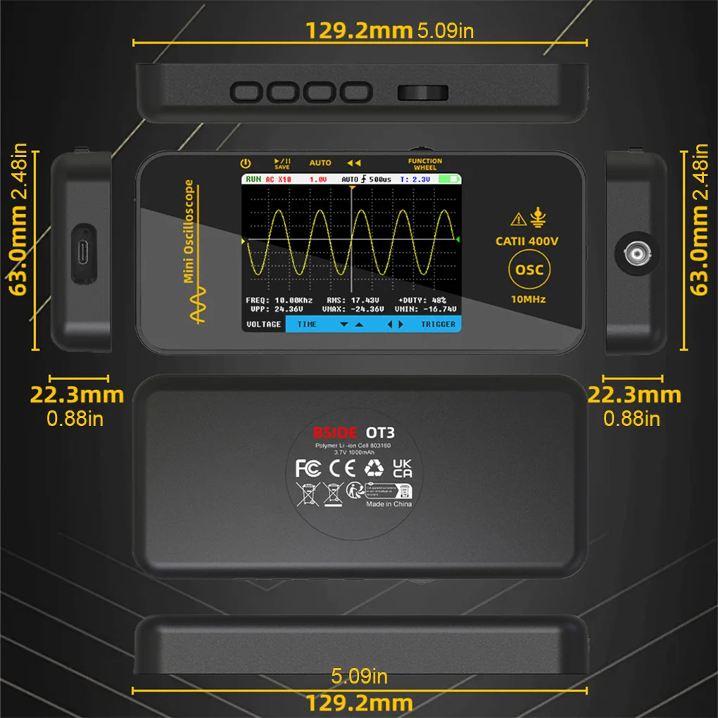 3.2 inch Handheld Oscilloscope TFT LCD Digital Scope Tester, 10MHz/48MSa/s,Potable Automotive Auto/Nomal/Single Trigger OT3