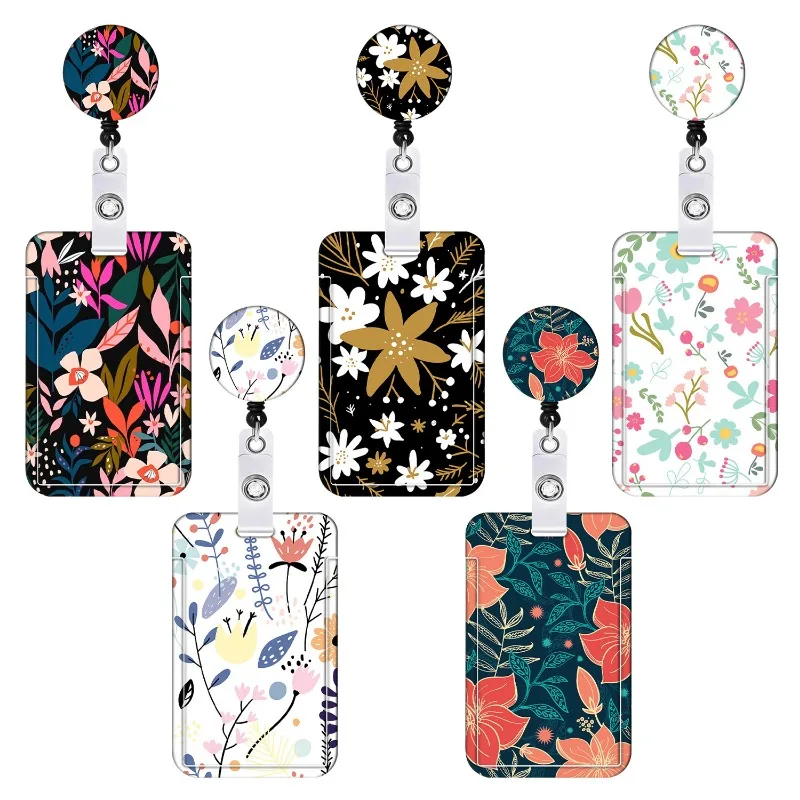 

1Set Flowers Women Work Card Holder Name ID Card Cover Plastic Work Identity Badge ID Card Bags Business Case with Lanyard