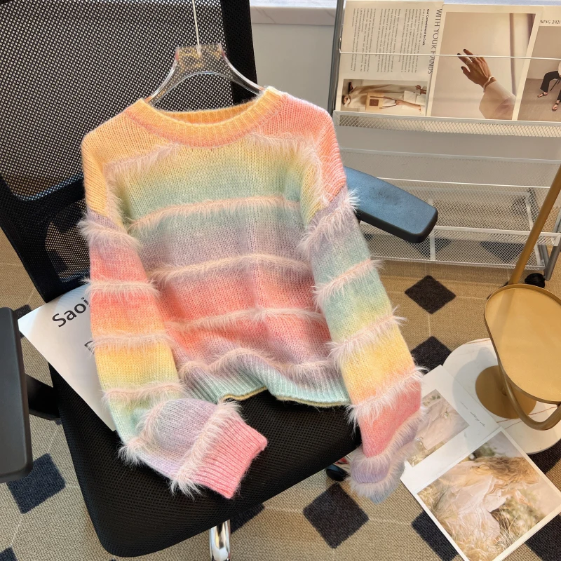 

Gradient Rainbow Sweater Panel Contrast Stripe Pullover For Women's Autumn And Winter New Slouchy Knitted Top