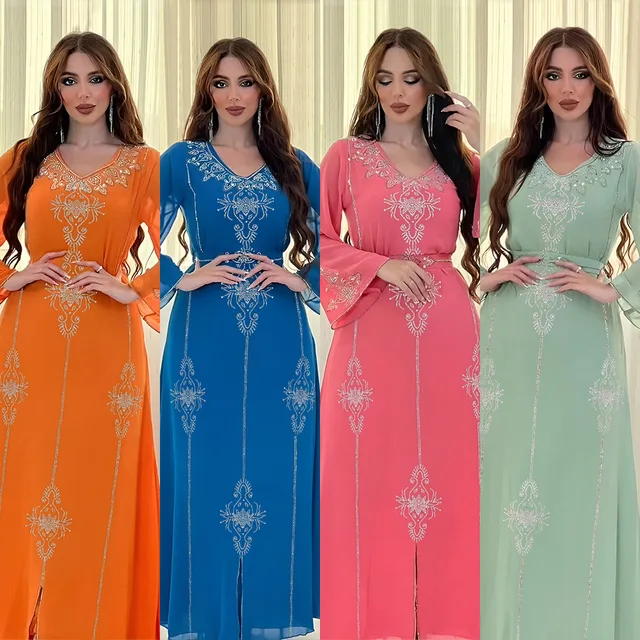 Polyester Muslim Abaya for Women Summer Elegant Orange Blue Pink Green Muslim Women Long Sleeve V-neck Polyester Long Abaya 3