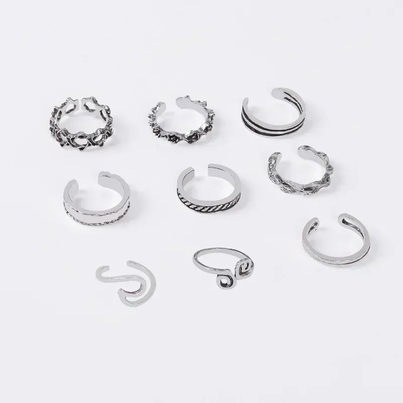 Beach Foot Ring Open Adjustable Joint Toe Rings Boho Vintage Women Stainless Steel Sea Wave Pattern Alloy Jewelry 9pcs set ring set,stainless steel ring,finger ring,opening ring,adjustable rings,jewelry accessories