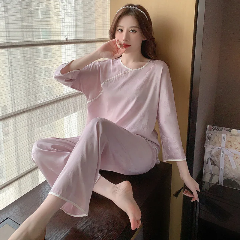 Ice silk pajamas women's long-sleeved trousers fashionable silk  pijamas women  женское бельё  pijama perro